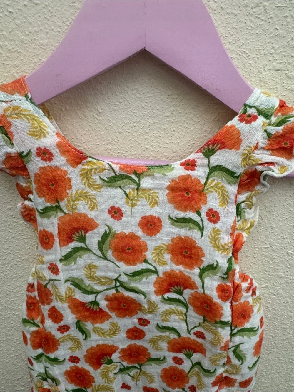 Angel Dear Muslin Orange Marigold Ruffle Sun Bubble Baby Romper Size 6-12 Month